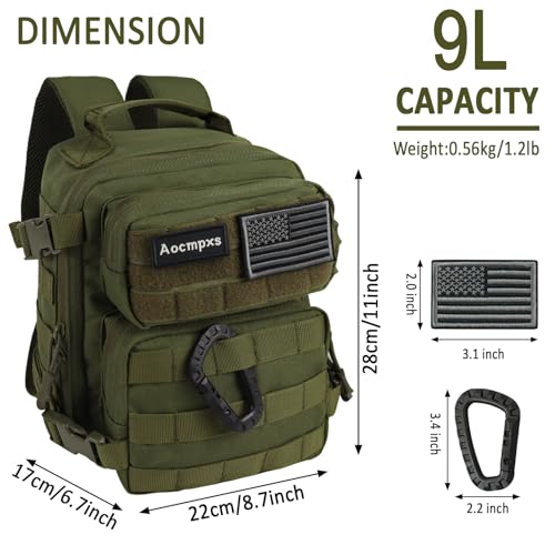 Aocmpxs Mini Tactical Backpack 9L Small Gym Backpacks for Men Women Molle Military Pack with US Flag Patch and Carabiner Green - Image 3