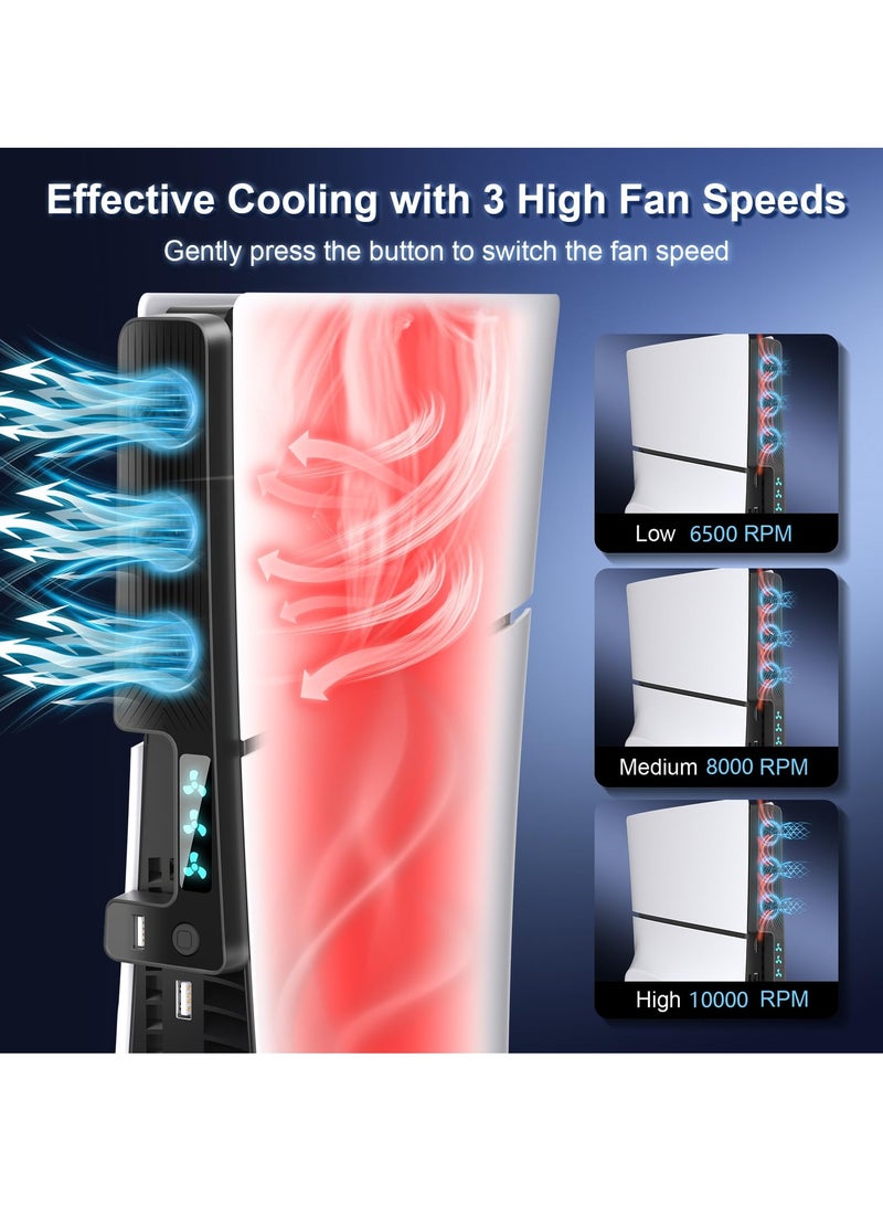 KASTWAVE Cooling Fan for New PS5 Slim, Efficient Quiet PS5 Slim Cooler with 3 Fan Speeds, USB 3.0 Port, Accessories for PlayStation 5 Slim Digital/Disc Version Cooler with LED Light - Image 3