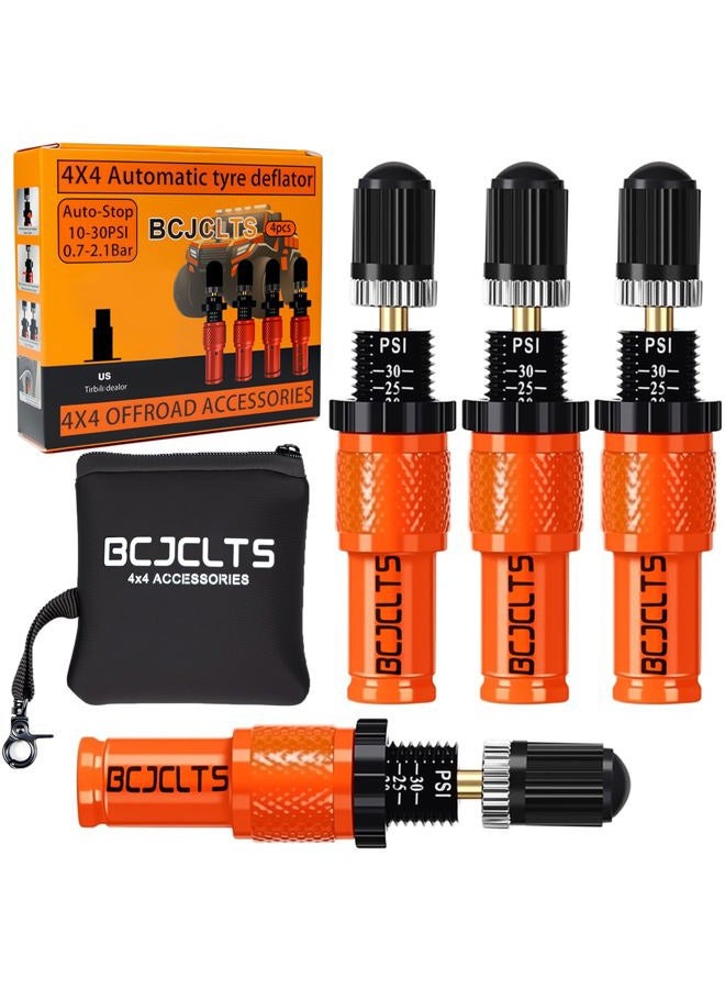 BCJCLTS Adjustable Auto-Stop Tire Deflator Valve Kit (10-30 PSI) Tire Air Down Tool Offroad 4x4 Screw-on Automatic Tire Deflators. (4, Orange) - Image 1