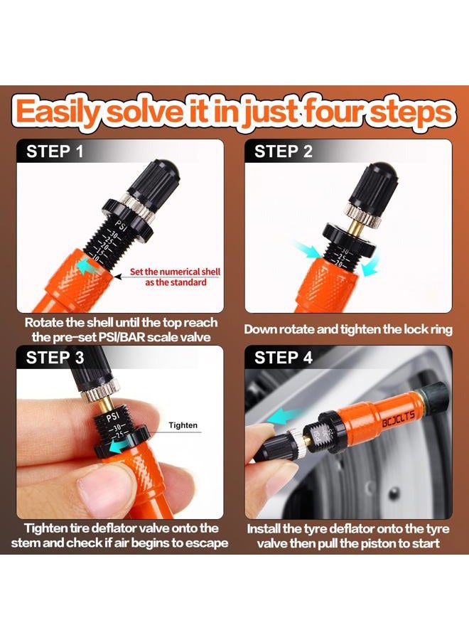 BCJCLTS Adjustable Auto-Stop Tire Deflator Valve Kit (10-30 PSI) Tire Air Down Tool Offroad 4x4 Screw-on Automatic Tire Deflators. (4, Orange) - Image 2