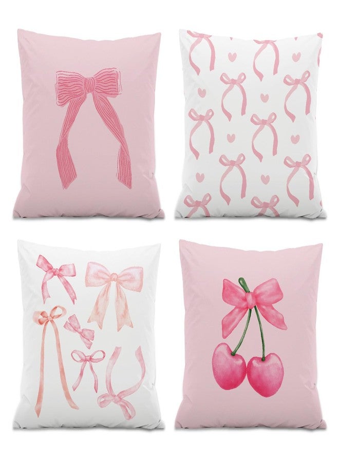 ISANOU Coquette Room Decor,Pink Cute Bow Throw Pillow Covers 18x18 Set of 4,Gifts for Teen Girls Women,Pink Decorative Pillowcase for Sofa Couch Bedroom Chair Home - Image 1
