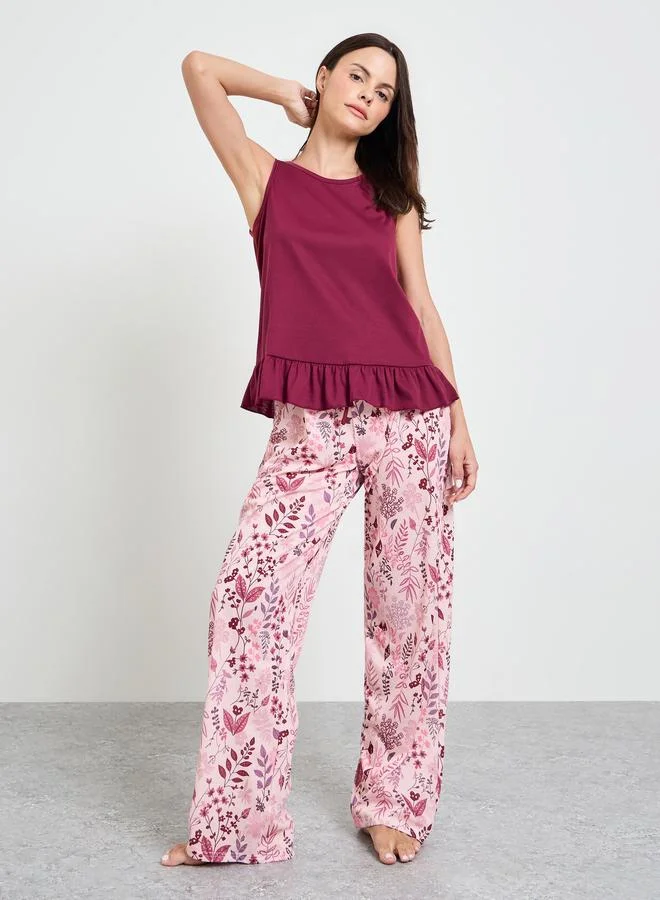 Styli Ruffle Hem Tank and All Over Floral Pyjama Set
