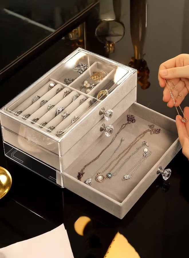 Bukela Clear Acrylic Velvet Jewelry Organizer with 3 Drawers, Multi-functional Jewelry Storage Boxes And Organizers for Women Girls Stackable Display  Velvet Flannelette Earrings Rings Necklace Bracelets Jewelry Tray Storage Case - Image 4