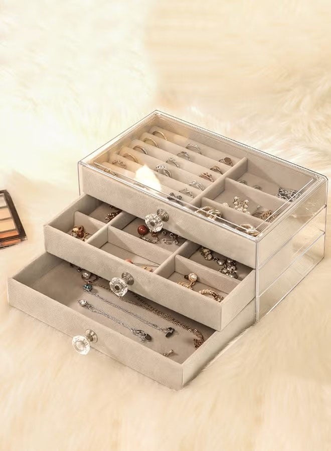 Bukela Clear Acrylic Velvet Jewelry Organizer with 3 Drawers, Multi-functional Jewelry Storage Boxes And Organizers for Women Girls Stackable Display  Velvet Flannelette Earrings Rings Necklace Bracelets Jewelry Tray Storage Case - Image 3