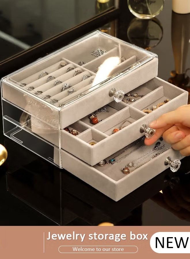 Bukela Clear Acrylic Velvet Jewelry Organizer with 3 Drawers, Multi-functional Jewelry Storage Boxes And Organizers for Women Girls Stackable Display  Velvet Flannelette Earrings Rings Necklace Bracelets Jewelry Tray Storage Case - Image 1