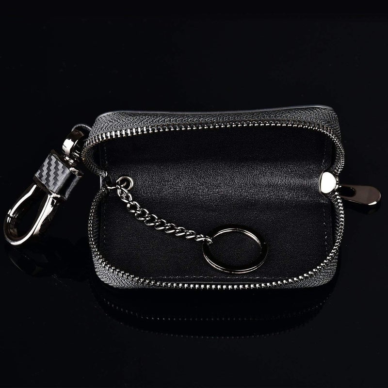 kinzd Car Keychain Holder Carbon Fiber Leather Car Smart Key Chain Holder Metal Hook Keyring Wallet Zipper Bag for Vehicle Keyless Entry For Men's Car Key Case Remote Key Fob - Image 5