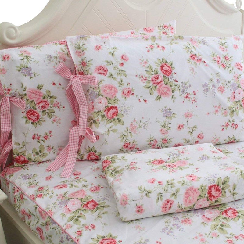 FADFAY Cotton Bed Sheets Set Shabby Rose Floral Print Sheet Bedding 4Piece Twin Extra Long Size