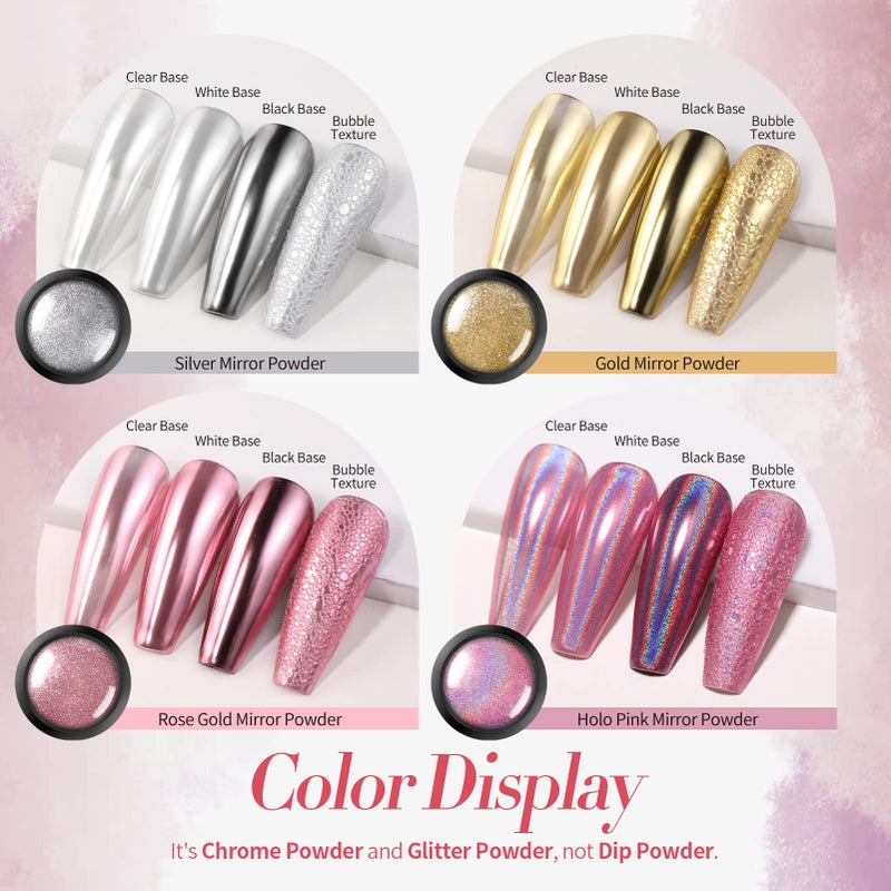 Born Pretty Chrome Nail Powder Metallic Mirror Powder Holographic Pigment Powder Manicure Nail Art Decoration Sets Silver Gold Pink Rose Gold 4 Boxes - Image 2