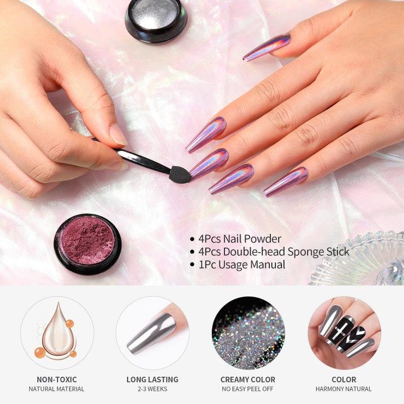 Born Pretty Chrome Nail Powder Metallic Mirror Powder Holographic Pigment Powder Manicure Nail Art Decoration Sets Silver Gold Pink Rose Gold 4 Boxes - Image 3