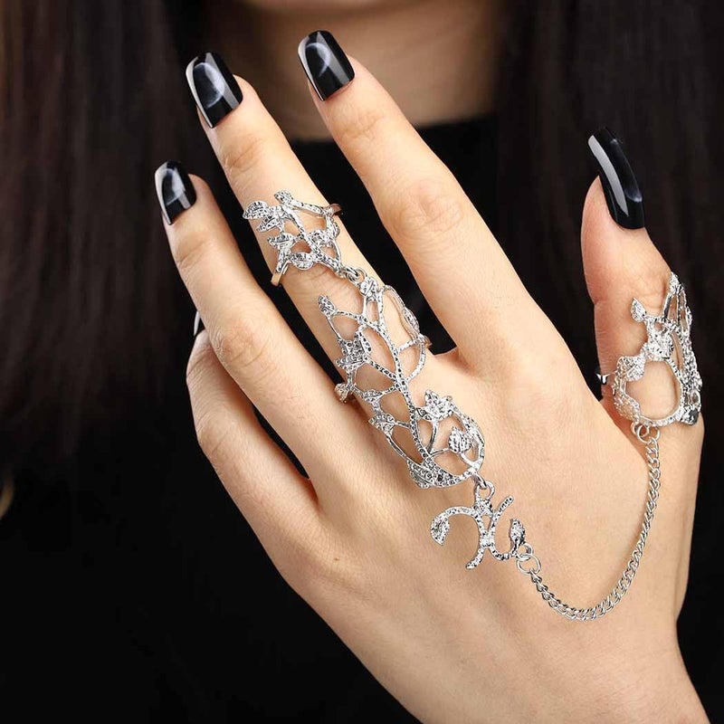 Yalice Charm Leaf Full Finger Ring Bracelets Dainty Knuckle Open Ring Harness Hand Chains Adjustable Statement Rings Jewelry for Women Gift (Silver) - Image 3