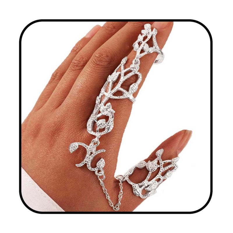 Yalice Charm Leaf Full Finger Ring Bracelets Dainty Knuckle Open Ring Harness Hand Chains Adjustable Statement Rings Jewelry for Women Gift (Silver) - Image 1