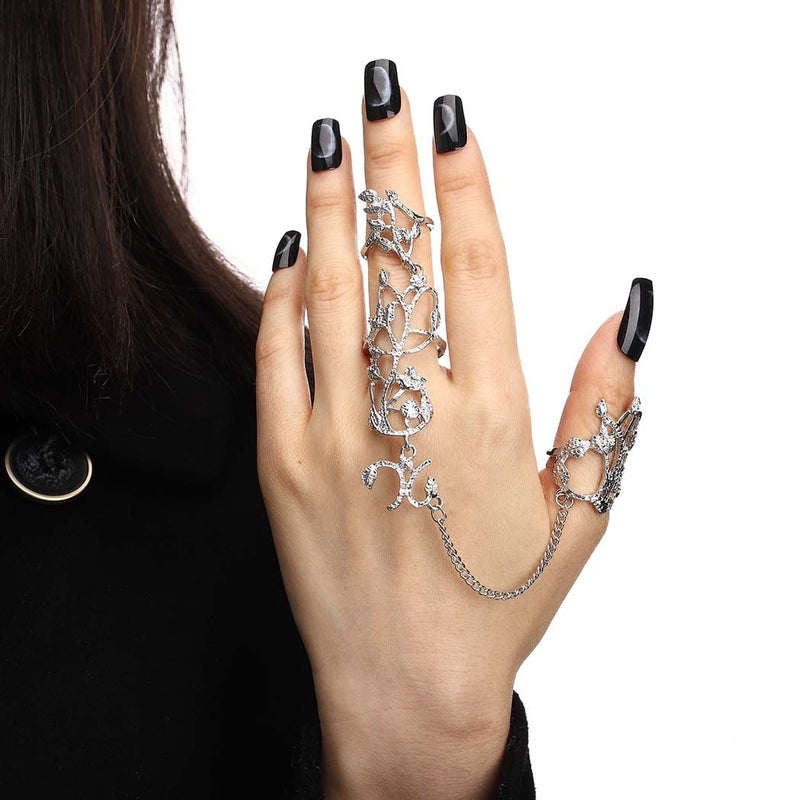 Yalice Charm Leaf Full Finger Ring Bracelets Dainty Knuckle Open Ring Harness Hand Chains Adjustable Statement Rings Jewelry for Women Gift (Silver) - Image 5