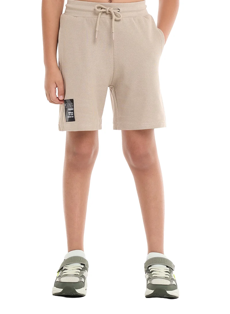 victor and jane Victor and Jane Boys' Cord Set – Beige T-Shirt and Shorts Outfit with Label Detail
