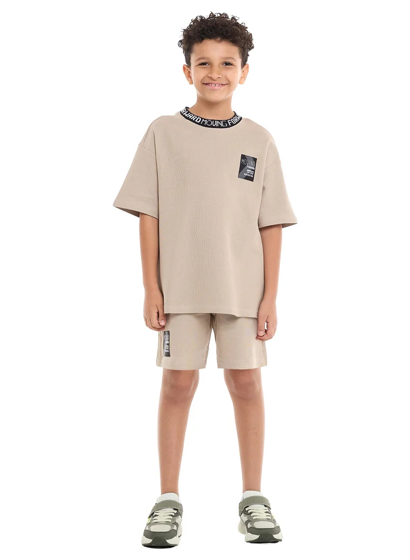 victor and jane Victor and Jane Boys' Cord Set – Beige T-Shirt and Shorts Outfit with Label Detail