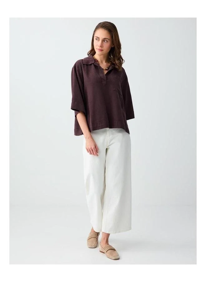 Jimmy Key Bitter Coffee Polo Collar TruVakar Sleeve Woven Blouse.
