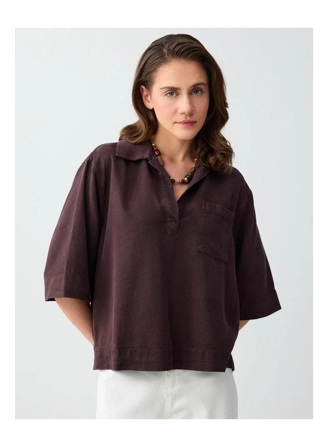 Jimmy Key Bitter Coffee Polo Collar TruVakar Sleeve Woven Blouse.