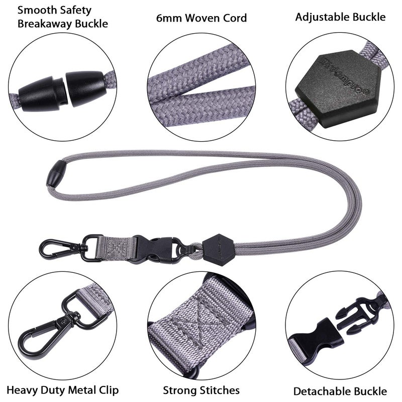 Wisdompro Breakaway Neck Lanyards, 23 inch Heavy Duty Round Cord Lanyard with Safety Breakaway Buckle, Detachable Buckle and Metal Hook for ID Card Badge Holder and Keys - Gray - Image 3