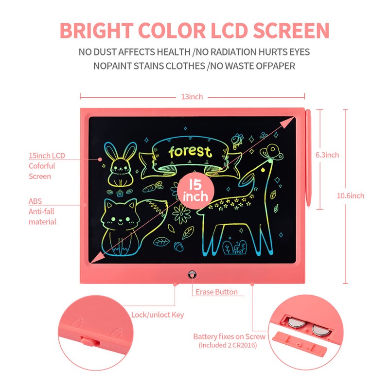 ERUW LCD Writing Tablet for Kids, 15 Inch Colorful Electronic Doodle Board, Educational Learning Kids Drawing Tablet Toys, Christmas Birthday Gift for 3 4 5 6 7 8 9 Year Old Girls Boy - Image 2