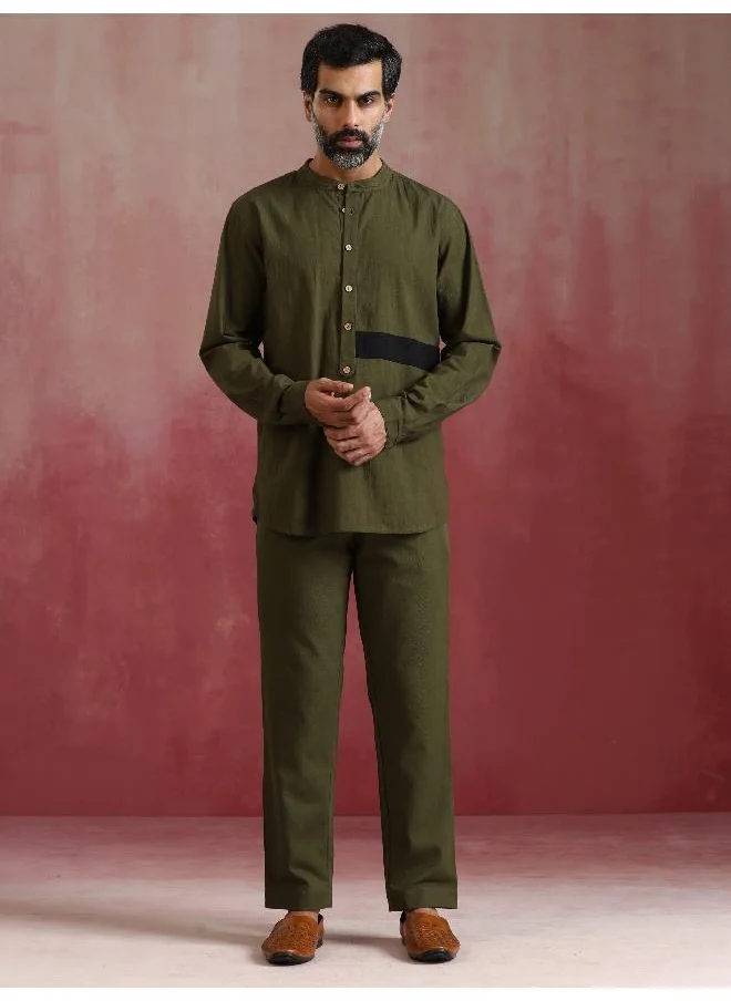 ترو برونز Men's Olive green Cotton Mandarin Collar Kurta Co-ord set
