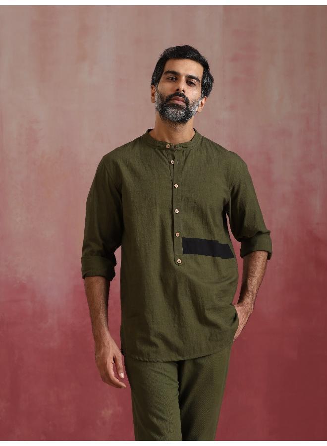 ترو برونز Men's Olive green Cotton Mandarin Collar Kurta Co-ord set  - Image 3