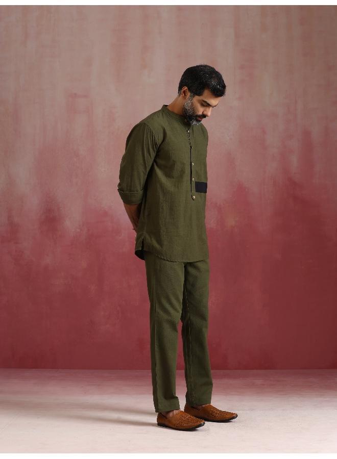 ترو برونز Men's Olive green Cotton Mandarin Collar Kurta Co-ord set  - Image 2