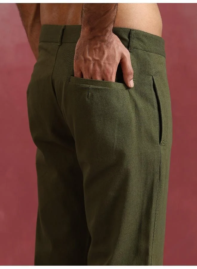 ترو برونز Men's Olive green Cotton Mandarin Collar Kurta Co-ord set