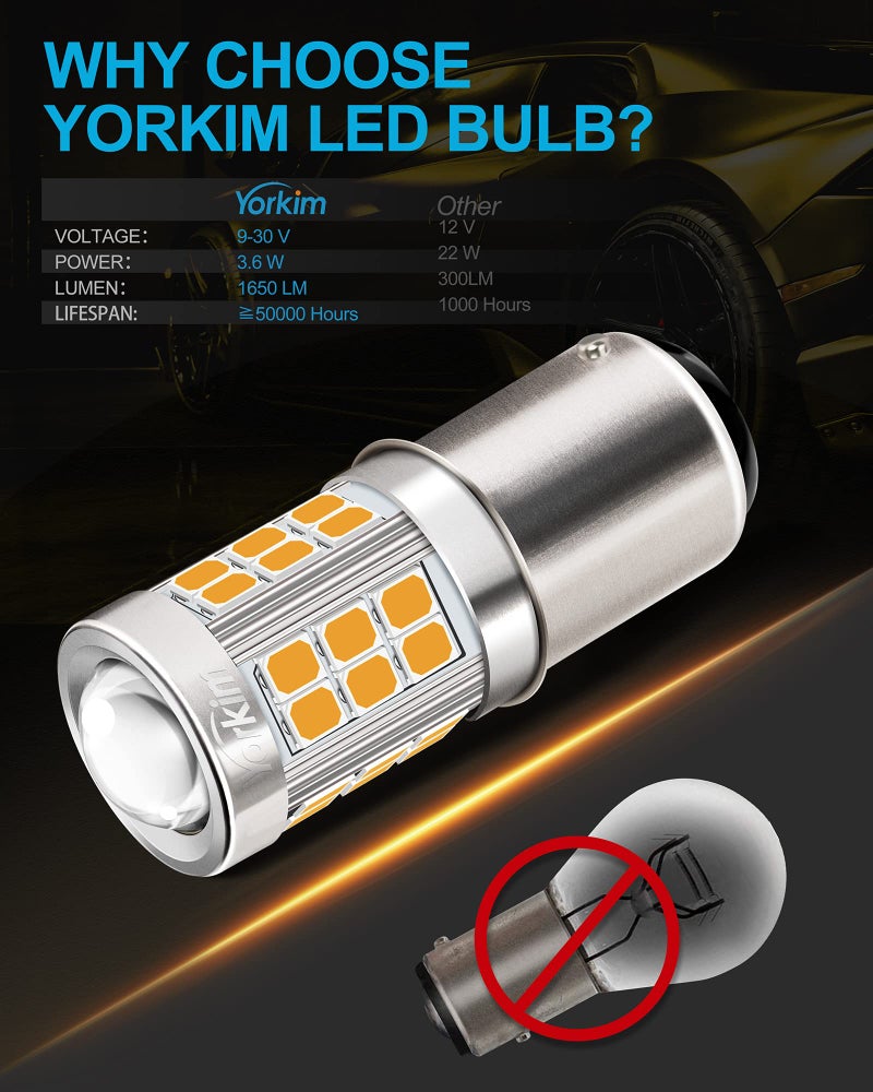 Yorkim لمبة LED يوركيم 1157 أمبر، لمبة إشارة انعطاف LED 1157، لمبة LED 2357 2057 7528 BAY15D بديل لإشارات الانعطاف وأضواء العلامة الجانبية، أصفر أمبر، عبوة من 2 - Image 4
