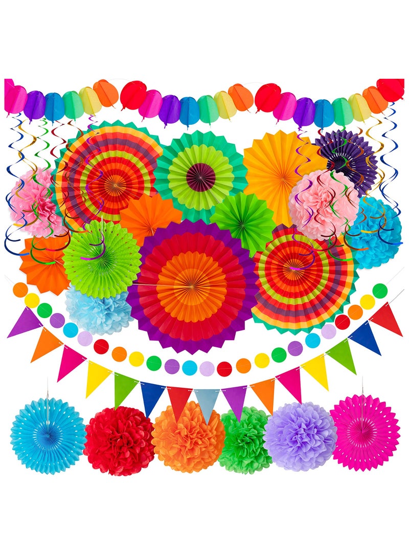 DOUGEI Fiesta Party Decorations - 33pcs Colorful Mexican Themed Hanging Paper Fans, Rainbow Paper Pom Poms, Fiesta Bunting and Tissue Paper Streamers for Birthday, Festival, and Rainbow Parties - Image 1