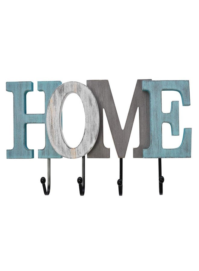 Linfevisi Wooden Home Sign Aqua Hanging Block Letters Sign Rustic Wood Word Decor Home Wall Sign Cutout Word Art Wall Decor Decorative Key Holder Hanger with 4 Hooks (home) - Image 1