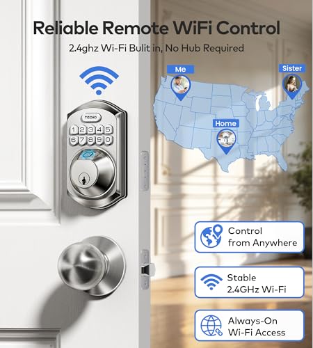 TEEHO TE012W-K WiFi Smart Keyless Entry Door Lock with Handle, Fingerprint Door Knob & Digital Keypad, APP Remote Control, Works with Alexa & Google, Electronic Deadbolt for Front Door, Satin Nickel - Image 2