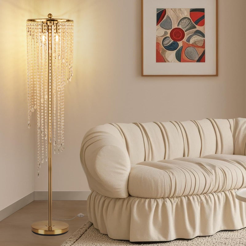 QiMH Gold Floor Lamps for Living Room, 63" Tall Lamp for Corner, Modern Floor Lamp with Double-Layer Crystal Lamp Shade, Standing Lamp for Bedroom, Office, Reading (2700K LED Bulbs Included) - Image 1