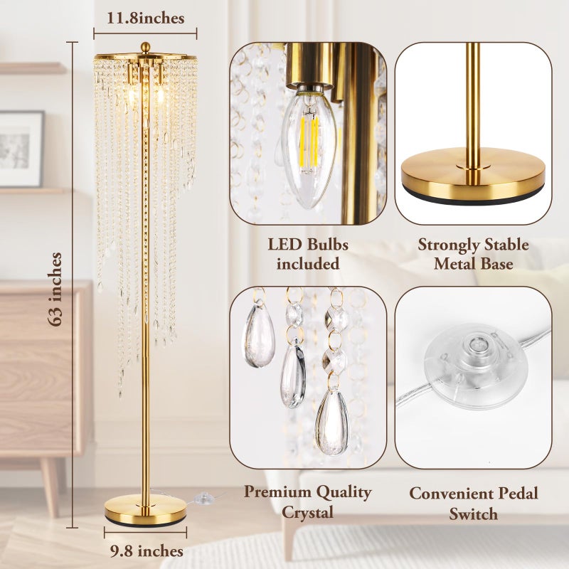 QiMH Gold Floor Lamps for Living Room, 63" Tall Lamp for Corner, Modern Floor Lamp with Double-Layer Crystal Lamp Shade, Standing Lamp for Bedroom, Office, Reading (2700K LED Bulbs Included) - Image 5