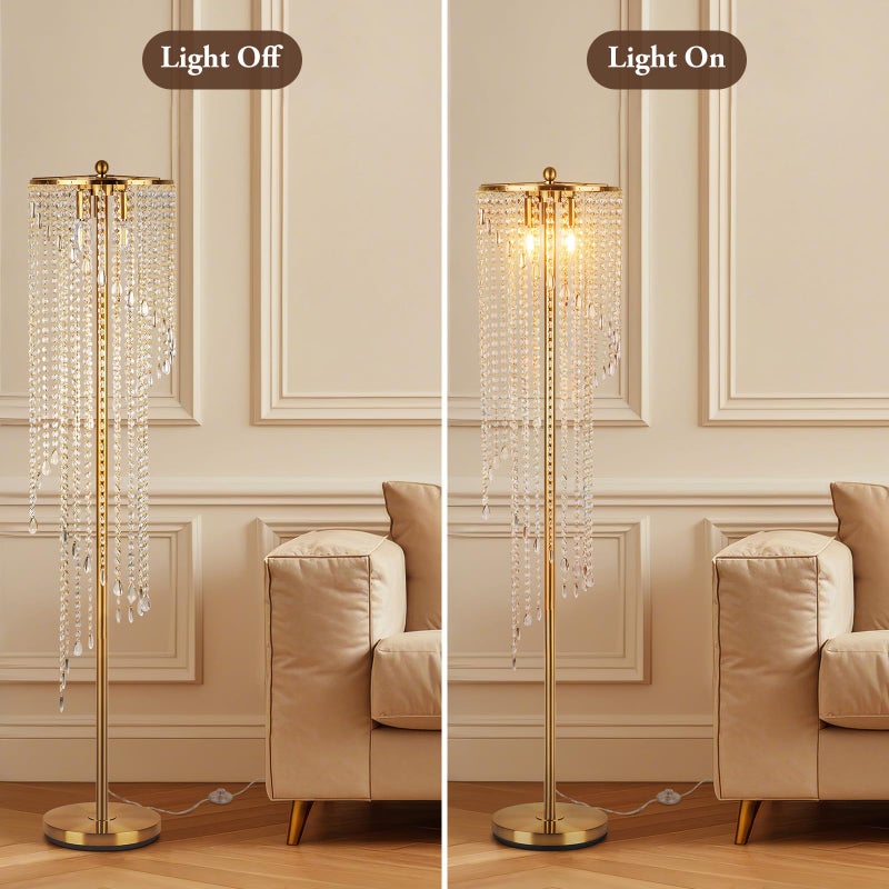QiMH Gold Floor Lamps for Living Room, 63" Tall Lamp for Corner, Modern Floor Lamp with Double-Layer Crystal Lamp Shade, Standing Lamp for Bedroom, Office, Reading (2700K LED Bulbs Included) - Image 4