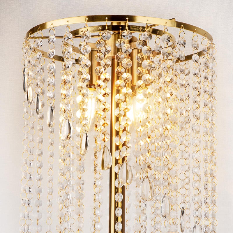 QiMH Gold Floor Lamps for Living Room, 63" Tall Lamp for Corner, Modern Floor Lamp with Double-Layer Crystal Lamp Shade, Standing Lamp for Bedroom, Office, Reading (2700K LED Bulbs Included) - Image 2