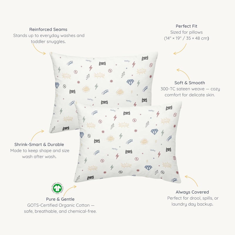 MakeMake Organics Organic Toddler Pillowcase (Set of 2) GOTS Certified Organic Cotton Toddler Pillowcase 14x19 Pillows Boys Superheros (Mighty Heros, 14x19) - Image 4