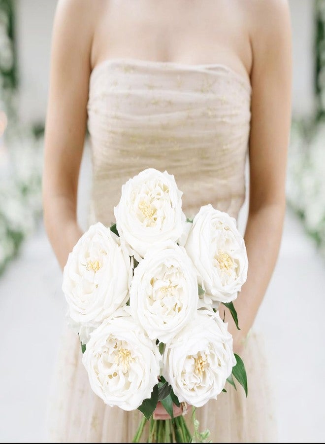 IPOPU White Roses Artificial Flowers,5PCS Real Touch Austin Roses Faux Peony Flowers Stems for Wedding Bouquet Party Home Decor(White) - Image 5