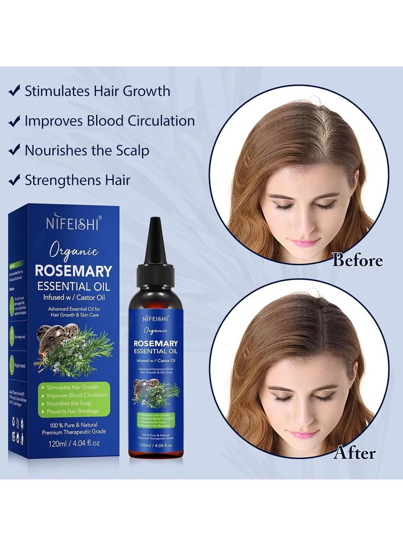 NIFEISHI - 120ml Rosemary Essential Oil with Castor Oil for Hair Growth and Skin Care Improve Blood Circulation Nourish Scalp & Prevent Hair Breakage Pure Organic Rosemary Essential Oil Infused with Castor Oil - Image 1