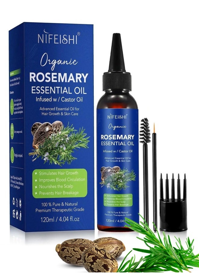 NIFEISHI - 120ml Rosemary Essential Oil with Castor Oil for Hair Growth and Skin Care Improve Blood Circulation Nourish Scalp & Prevent Hair Breakage Pure Organic Rosemary Essential Oil Infused with Castor Oil - Image 1