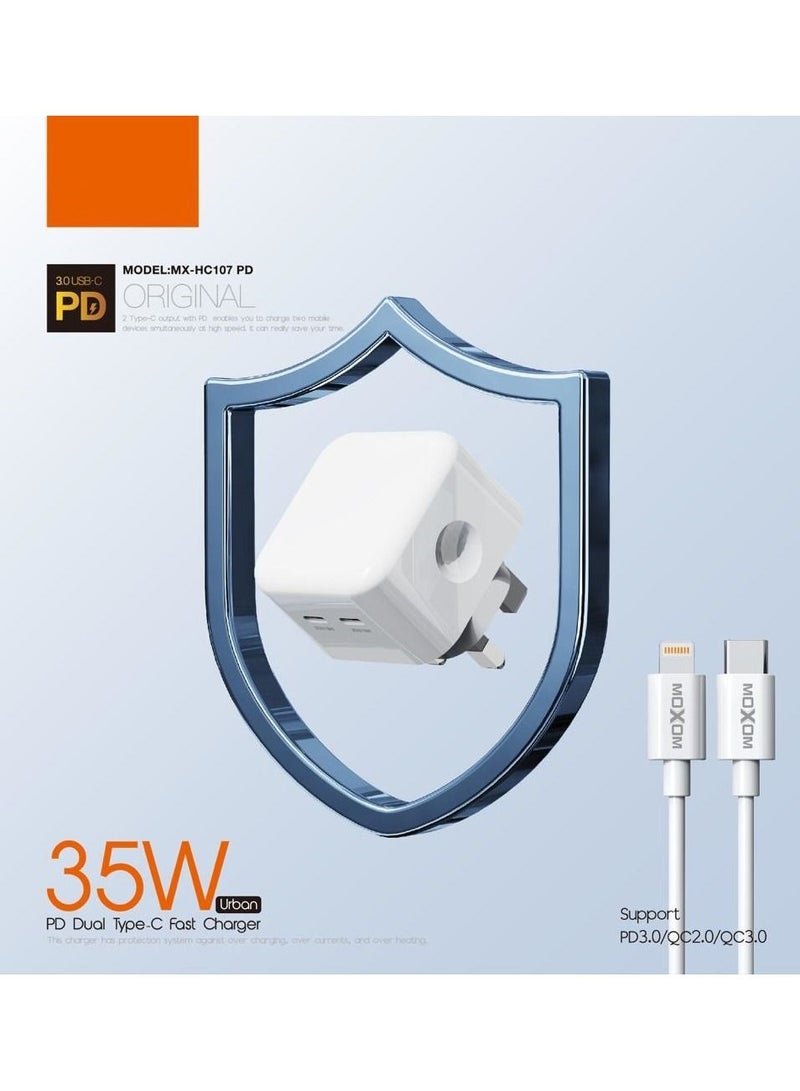 MOXOM 35W Dual USB-C Fast Charger with Type C to Lightning Cable PD Power Compatible with iPhone 14 Pro Max/13 Pro Maxc MX-HC107 - Image 2