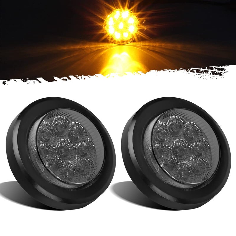 Partsam 2Pcs 2 Inch Round Amber Led Side Marker and Clearance Lights 9 Diodes Smoke Lens w Reflectors Trailer Truck Lights Submersible 12V Grommets Pigtails Sealed 2 Round Led Marker Trailer Lights