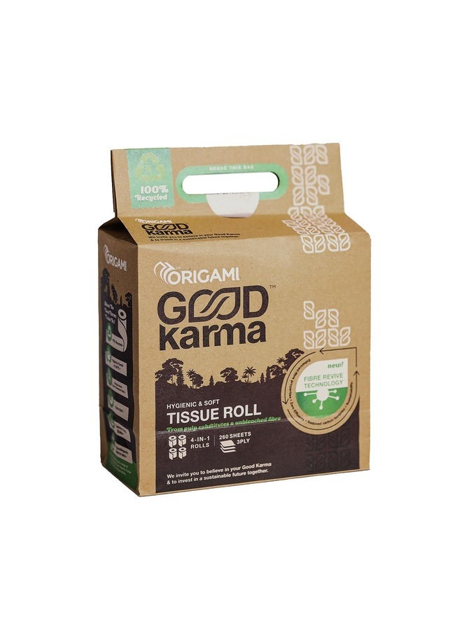Origami Good Karma 3 Ply Eco-Friendly Unbleached Toilet Tissue Paper Roll - Pack Of 4 (260 Pulls Per Roll, 1040 Sheets)  - Image 1