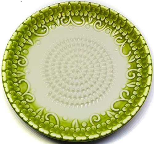 BonCera, All-in-one Premium Ceramic Garlic Grater Plate 4-Piece Set - Green Embossed Design and Style - For Garlic, Ginger, Chocolate, and more! - Comes with 5.25" Plate, Peeler, Brush, and Stand - Image 5