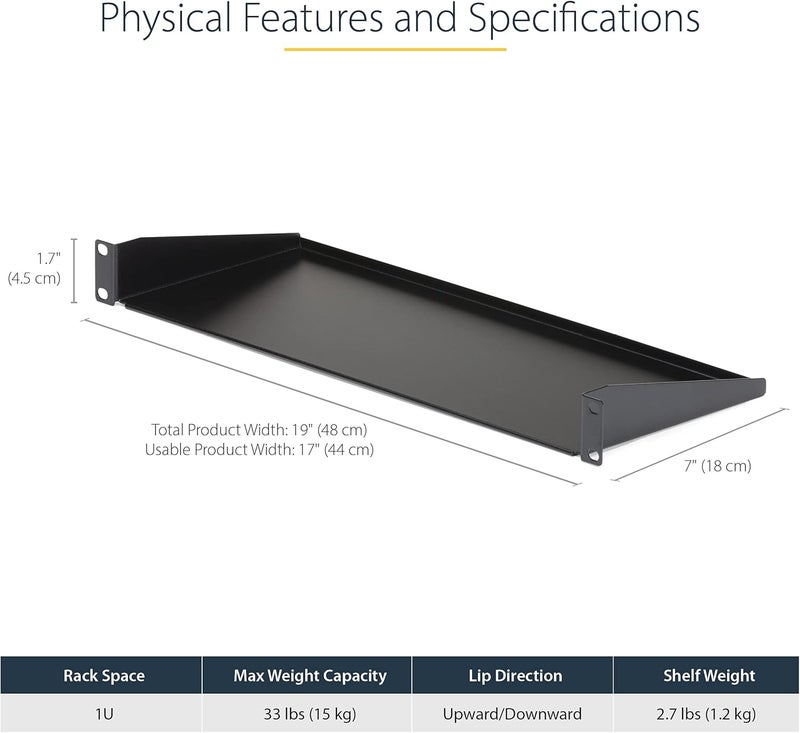 StarTech .com 1U Server Rack Shelf - Universal Rack Mount Cantilever Shelf for 19" Network Equipment Rack & Cabinet - Heavy Duty Steel – Weight Capacity 33lb/15kg - 7" Deep Tray, Black (CABSHELF1U) - Image 2