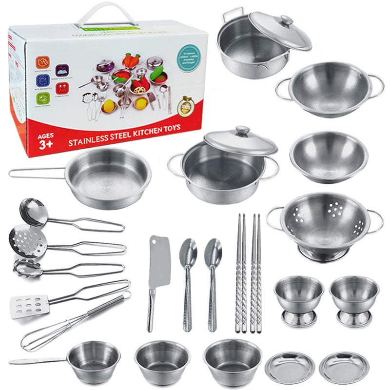 KEJIH Tiny Classic Stainless Steel Kitchen Toys Cooking Utensils SetPretend Play Pots Pans Toy Cookware Kits for Kids Cooking Utensil Set Interactive Learning Role Play Educational Toys for Kids Mini Size - Image 4