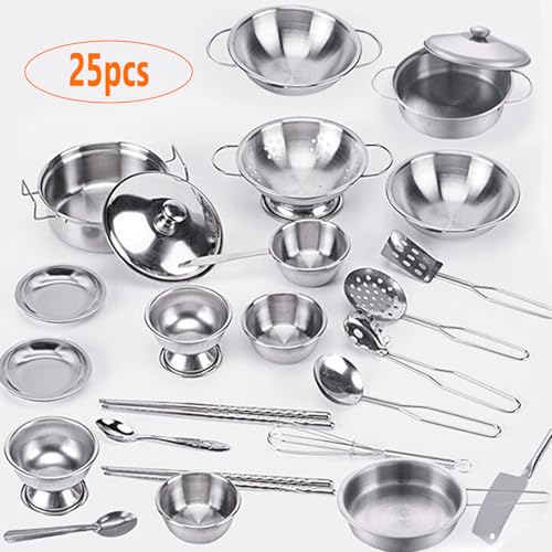 KEJIH Tiny Classic Stainless Steel Kitchen Toys Cooking Utensils SetPretend Play Pots Pans Toy Cookware Kits for Kids Cooking Utensil Set Interactive Learning Role Play Educational Toys for Kids Mini Size - Image 5