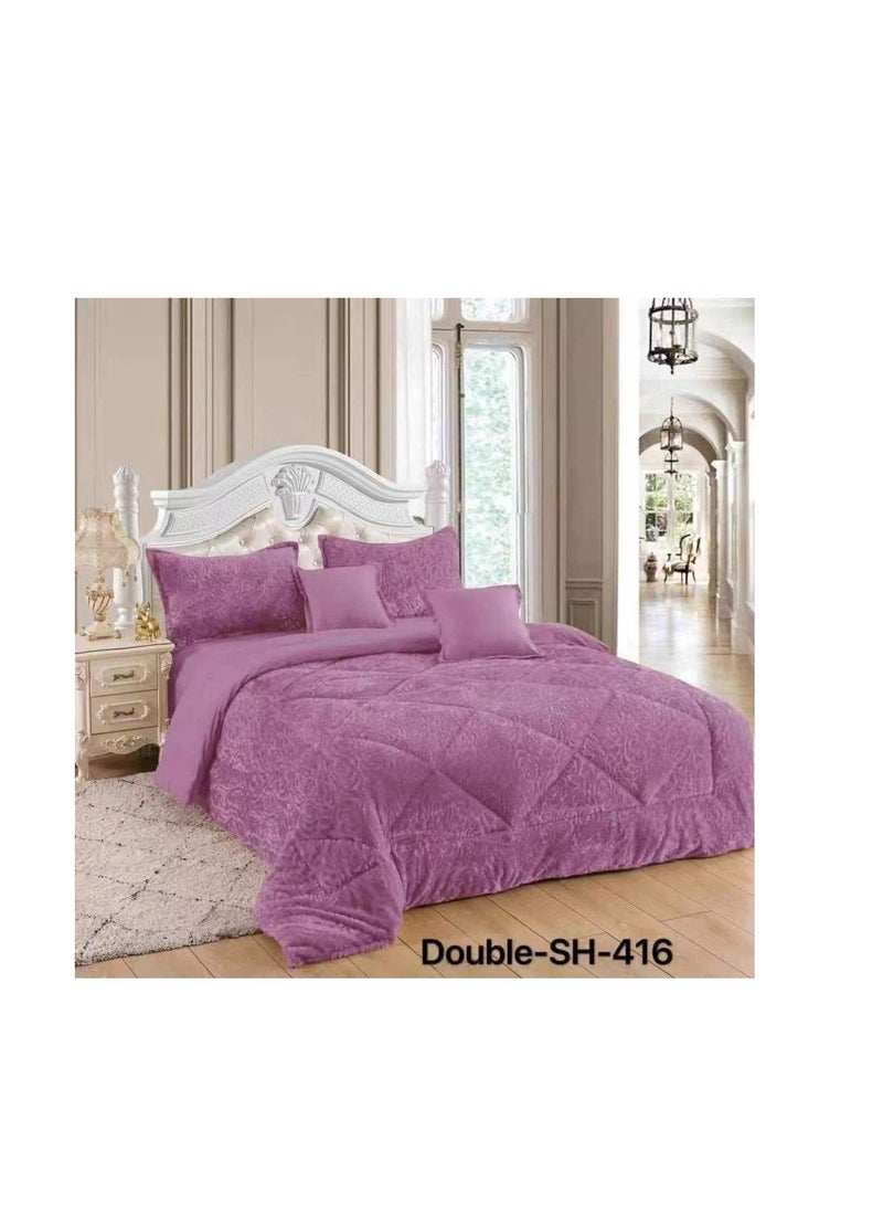 طقم لحاف كينغ من الفرو الوردي مكون من 6 قطع مفرش سرير مبطن مخملي ووسادة مخملية مقاس كينج