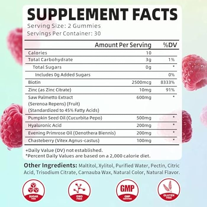 YUULAI Pack of 2 Saw Palmetto Gummies for Women Men, Organic Saw Palmetto with Pumpkin Seed Oil for Hair Growth & Skin Health, Sugar Free, Raspberry Flavor, 120 Count - Image 2