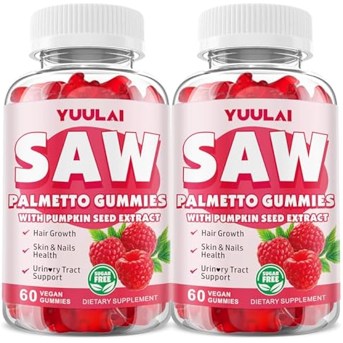 YUULAI Pack of 2 Saw Palmetto Gummies for Women Men, Organic Saw Palmetto with Pumpkin Seed Oil for Hair Growth & Skin Health, Sugar Free, Raspberry Flavor, 120 Count - Image 1