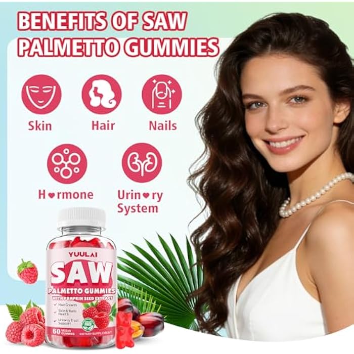 YUULAI Pack of 2 Saw Palmetto Gummies for Women Men, Organic Saw Palmetto with Pumpkin Seed Oil for Hair Growth & Skin Health, Sugar Free, Raspberry Flavor, 120 Count - Image 4
