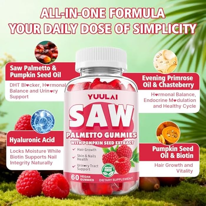 YUULAI Pack of 2 Saw Palmetto Gummies for Women Men, Organic Saw Palmetto with Pumpkin Seed Oil for Hair Growth & Skin Health, Sugar Free, Raspberry Flavor, 120 Count - Image 3